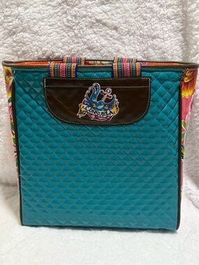Consuela Teal Quilted Tote with Multicolor Striped Handles